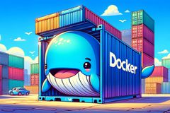 Cartoon whale in a shipping container labeled ‘Docker’