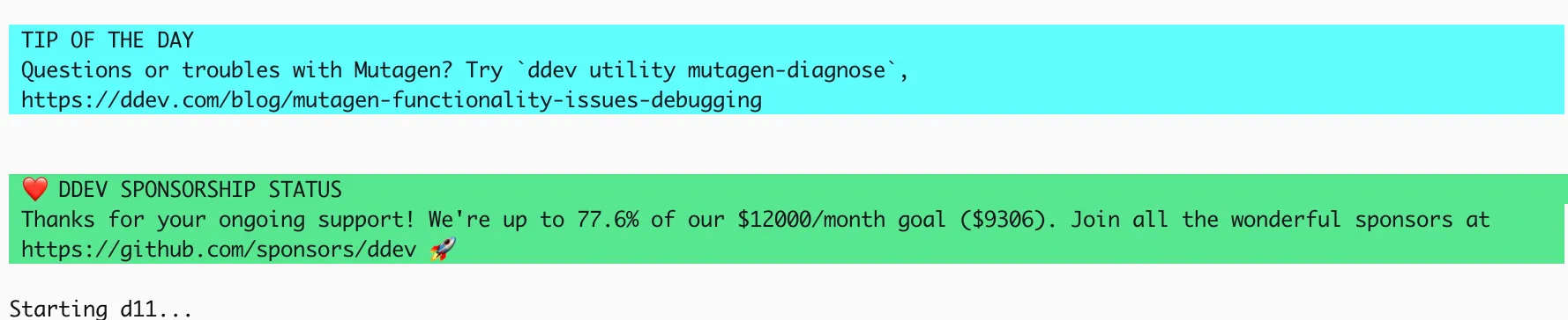 ddev start sponsorship status output