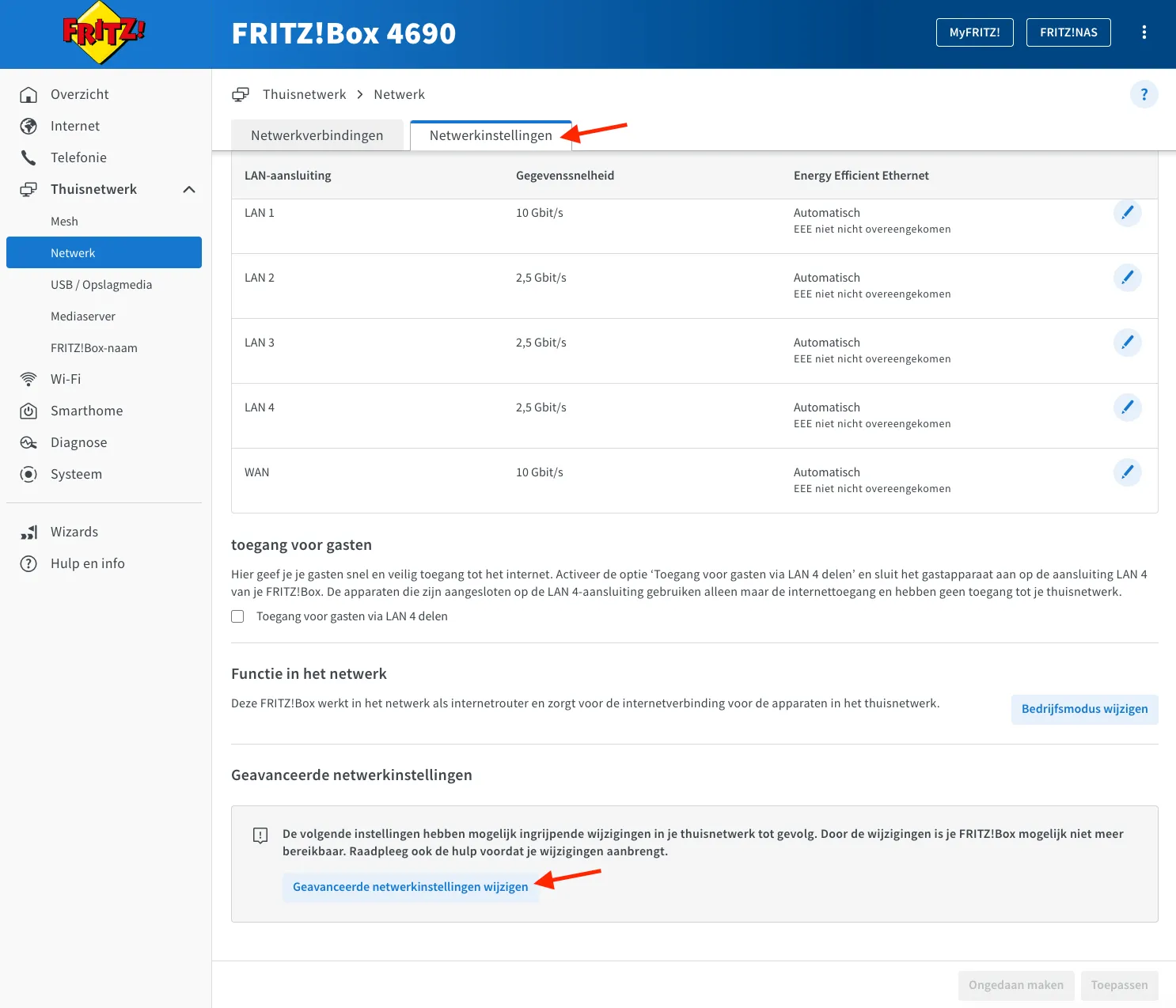 Step 1: the "Change advanced network settings" button at the bottom of the Fritz!Box Network Settings tab