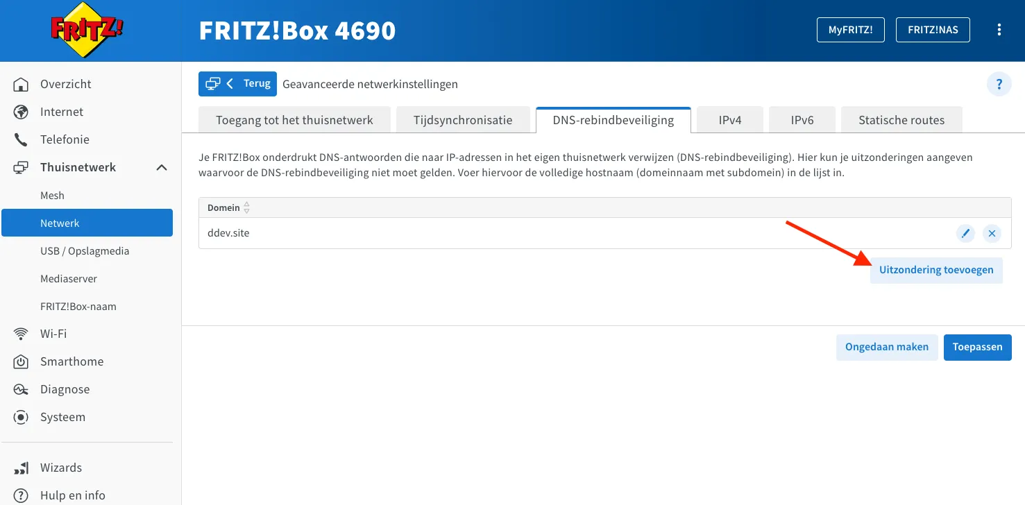 Steps 2-4: adding ddev.site as an exception on the Fritz!Box DNS Rebind Protection tab